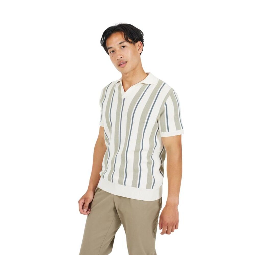 Brave Soul Mens Striped Knitted Polo Shirt / Cream/Light Grey/Mid Green